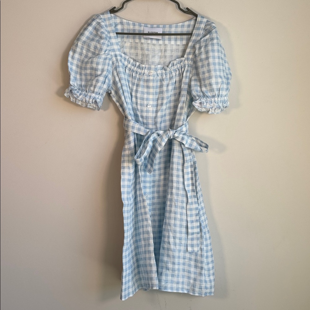 Sleeper Brigette Linen Mini Dress in Blue Vichy - M - Picture 3 of 6
